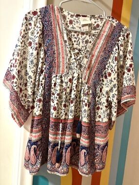 Knox Rose Cream Tunic with Red & Navy Paisley Floral Print